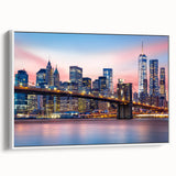 Vintage poster art of Manhattan skyline in vibrant colors on extra large framed canvas, ideal for living room decor.