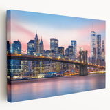 Large canvas print of Manhattan skyline in muted gray and blue tones, suited for kitchen wall art.