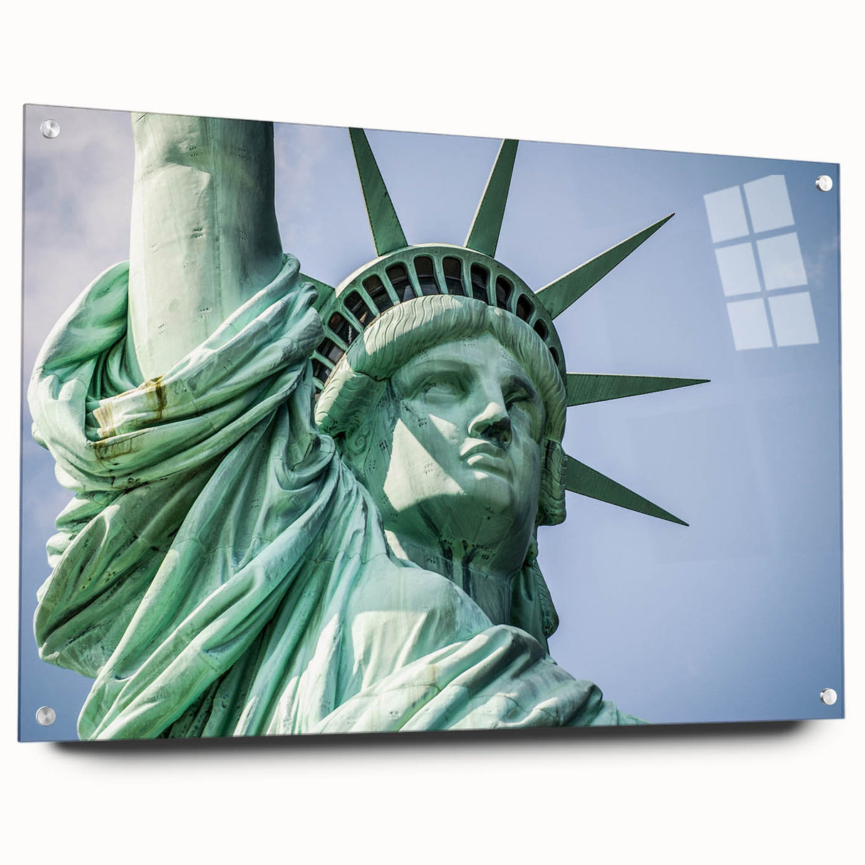 Acrylic print of the Statue of Liberty in muted green and blue tones, suitable for bedroom or dining room decor.