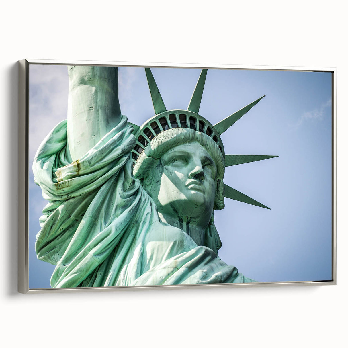 Landscape art painting of the Statue of Liberty, in muted black and silver tones on a framed canvas.