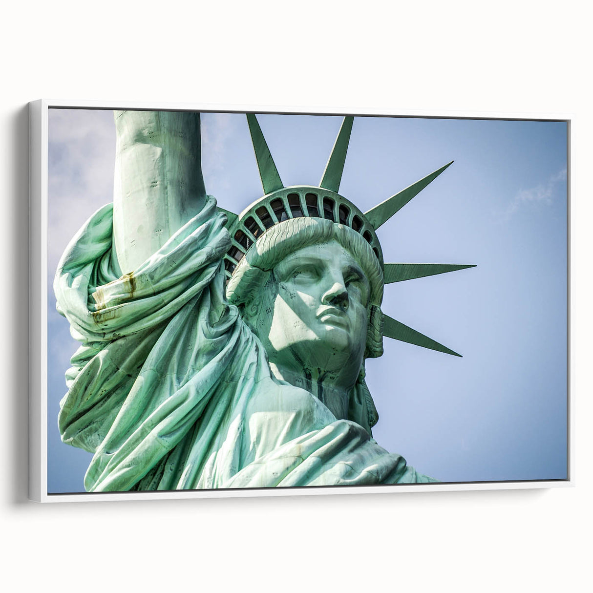 Vintage poster art of the Statue of Liberty on a white framed canvas, featuring a palette of muted grays and blues.