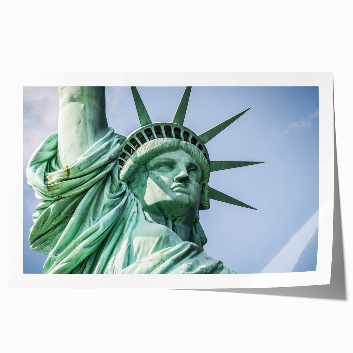 Extra large rolled print of the Statue of Liberty in muted green and blue tones, suitable for art wall dining room.