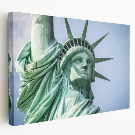 Large canvas print of the Statue of Liberty in muted green and blue tones, suitable for kitchen wall art.