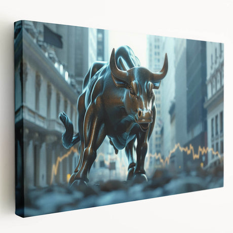 Side view of a large stretched canvas depicting the New York City skyline in muted gray and blue tones.