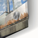 Acrylic print of New York City's Trade Center in abstract style with muted gray and blue tones, ideal for dining room art.