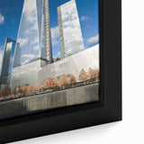 Extra large black wall art featuring a textured depiction of NYC's Trade Center in colorful art style.