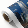 Art Deco poster of NYC skyline in muted grays and blues on rolled canvas, ideal for nursery wall art.