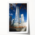 Extra large wall art of NYC Trade Center in muted gray tones on rolled canvas, ideal for art wall dining room.