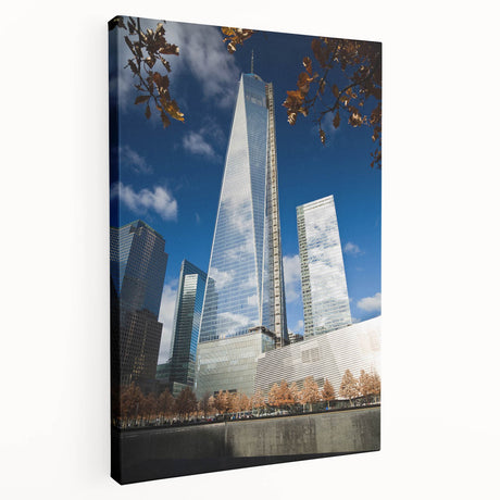 New York City skyline featuring the Trade Center in muted gray tones on a large stretched canvas.