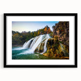 Abstract art print of colorful, textured scenery on extra large canvas, framed in black, ideal for living room decor.