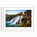 Abstract art print of Oklahoma scenery in muted earth tones on a framed white mat, suitable for dining room or bedroom decor.