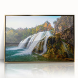 Large acrylic print of a mid-century modernist Oklahoma scenery in muted earth tones, ideal for modern art wall decor.