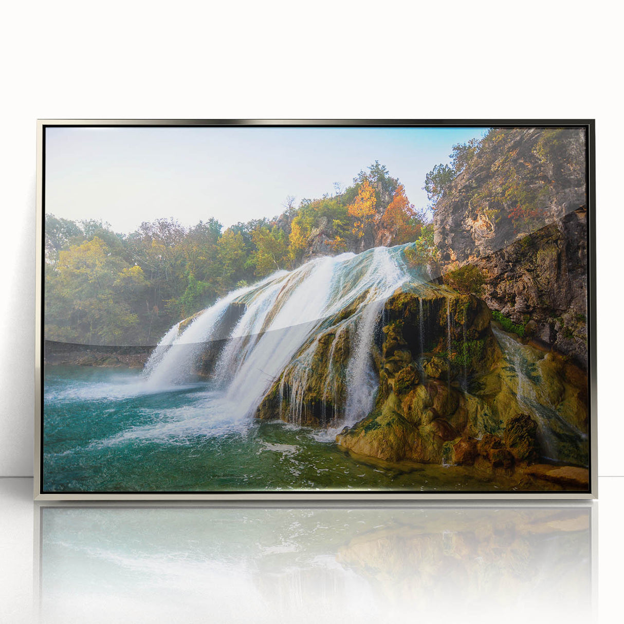 Mid-century modernist art depicting Oklahoma scenery in muted earth tones on a framed acrylic print.