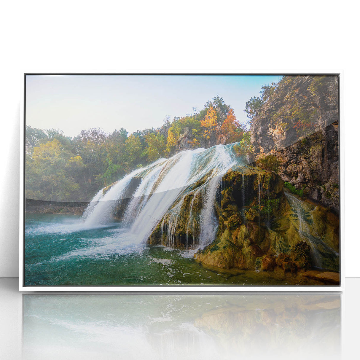 Acrylic print of an art deco style Oklahoma scenery with muted earth tones, ideal for modern art wall decor in a nursery.