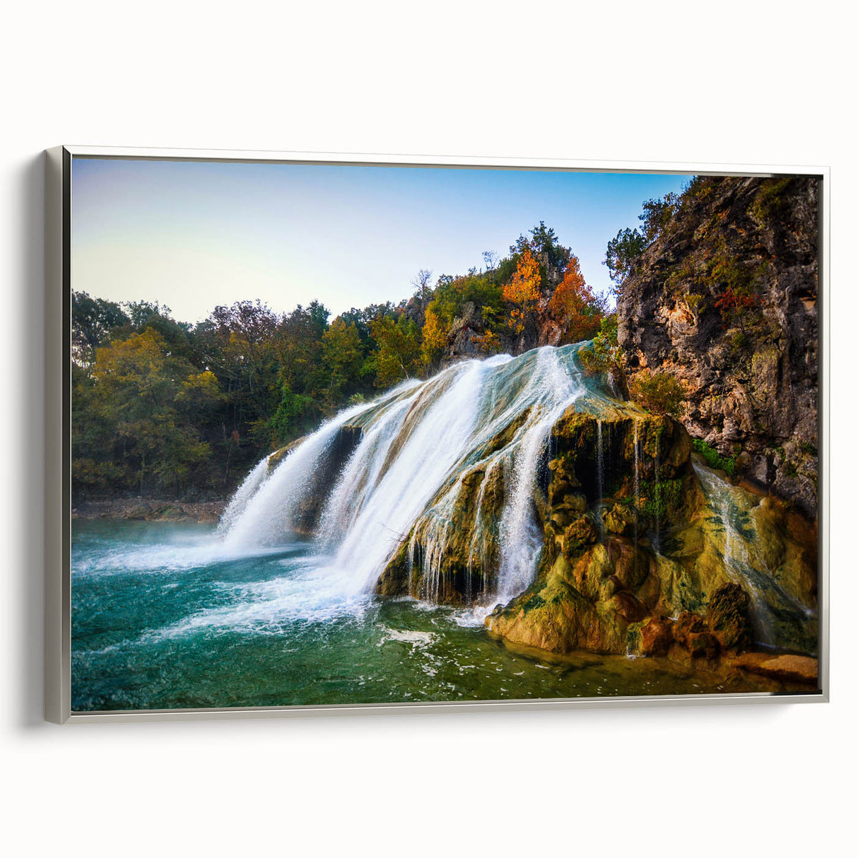 Framed canvas featuring a vintage-style Oklahoma landscape with colorful art elements and black border.