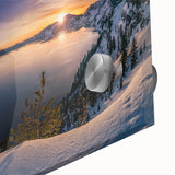 Mid-century modernist art of Crater Lake, Oregon in muted blue tones on acrylic glass, ideal for dining room art.