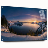 Acrylic print of Crater Lake, Oregon in vibrant blue and green hues, ideal for bedroom or dining room decor.