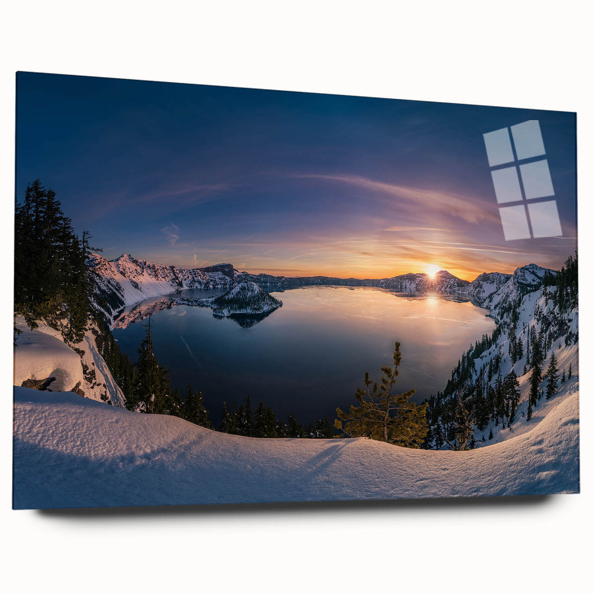 Acrylic print of Crater Lake in Oregon, featuring deep blue and green hues, ideal for bedroom or dining room art.