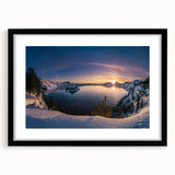 Extra large abstract art print of Crater Lake in vibrant colors on a textured canvas, framed in black.