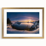 Extra large wall art depicting an abstract interpretation of Crater Lake, Oregon, with textured blue and white hues.