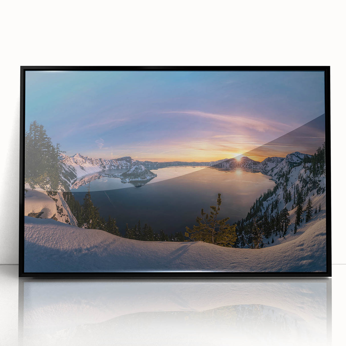 Large abstract wall art of Crater Lake, Oregon, in muted blue and green tones on a framed acrylic.