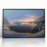 Large abstract wall art of Crater Lake, Oregon, in muted blue and green tones on a framed acrylic.