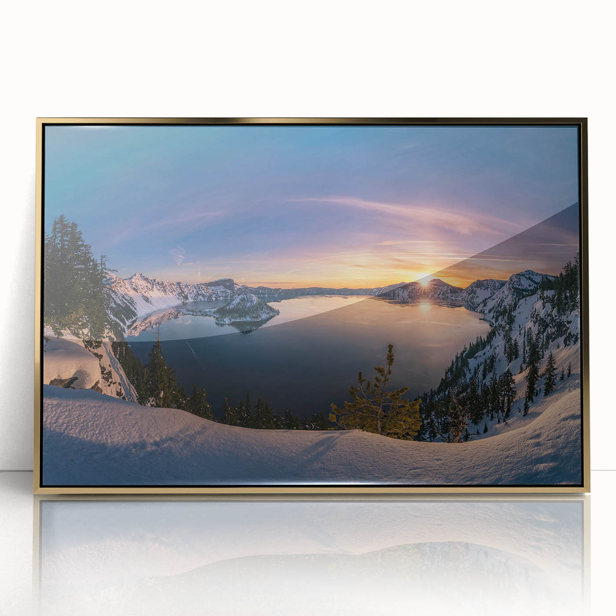 Mid-century modernist art of Crater Lake, Oregon in muted blue tones on a gold-framed acrylic print.