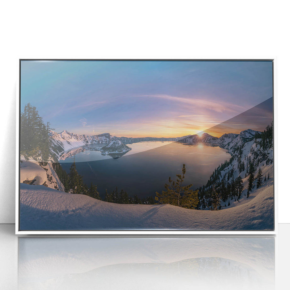 Acrylic print of Crater Lake, Oregon, in muted blue and green tones, framed in white, suitable for modern art wall decor.