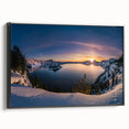 Black and white framed canvas of Crater Lake, Oregon, in a vintage poster style, ideal for bedroom wall decor.