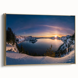 Framed canvas featuring a vintage-style landscape painting of Crater Lake, Oregon, with a black and gold color scheme.
