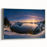 Framed canvas of Crater Lake in Oregon featuring a vintage-style landscape with muted blue and green tones.