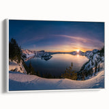 Framed vintage poster art of Crater Lake in Oregon, featuring vibrant blue and green colors on a white canvas.