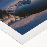 Art deco poster depicting Crater Lake, Oregon, in muted blue tones on rolled canvas, suitable for dining room decor.