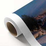 Art deco poster of Crater Lake, Oregon, in muted blue and green tones on rolled canvas, ideal for nursery wall art.