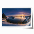 Crater Lake panoramic view in muted blue and green tones on a large rolled canvas.