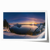 Crater Lake panoramic view in muted blue and green tones on a large rolled canvas.