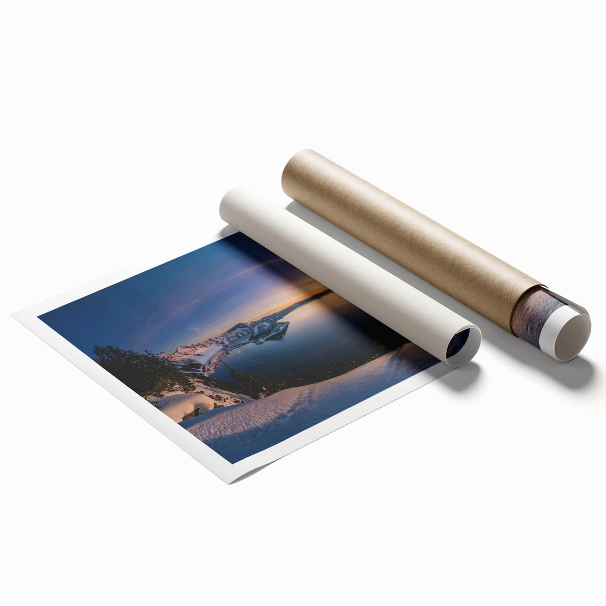 Extra large rolled print of Crater Lake, Oregon, with vivid blue and green tones, suitable as large living room wall art.