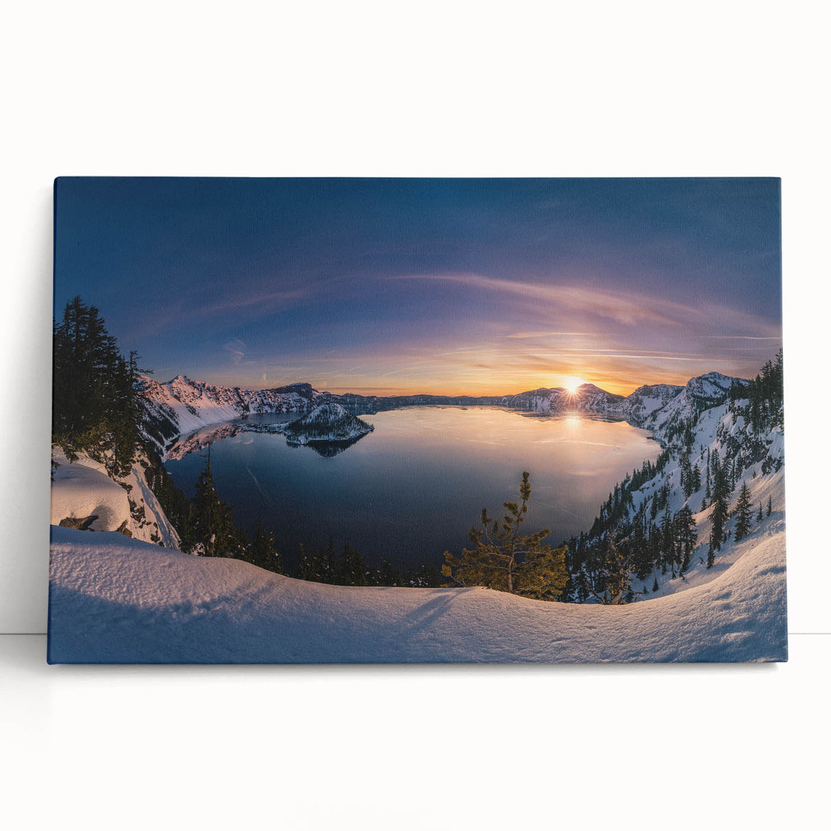 Black and white photograph of Crater Lake, Oregon on stretched canvas, ideal for kitchen wall art or bedroom ambiance.