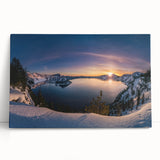 Black and white photograph of Crater Lake, Oregon on stretched canvas, ideal for kitchen wall art or bedroom ambiance.