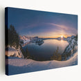 Side view of a large canvas print featuring Crater Lake, Oregon, in vivid blue tones, ideal for kitchen wall art.