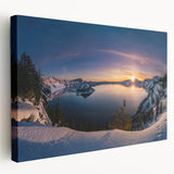 Side view of a large canvas print featuring Crater Lake, Oregon, in vivid blue tones, ideal for kitchen wall art.