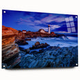 Acrylic print of Portland, Oregon skyline in muted gray and blue tones, ideal for modern bedroom or dining room decor.