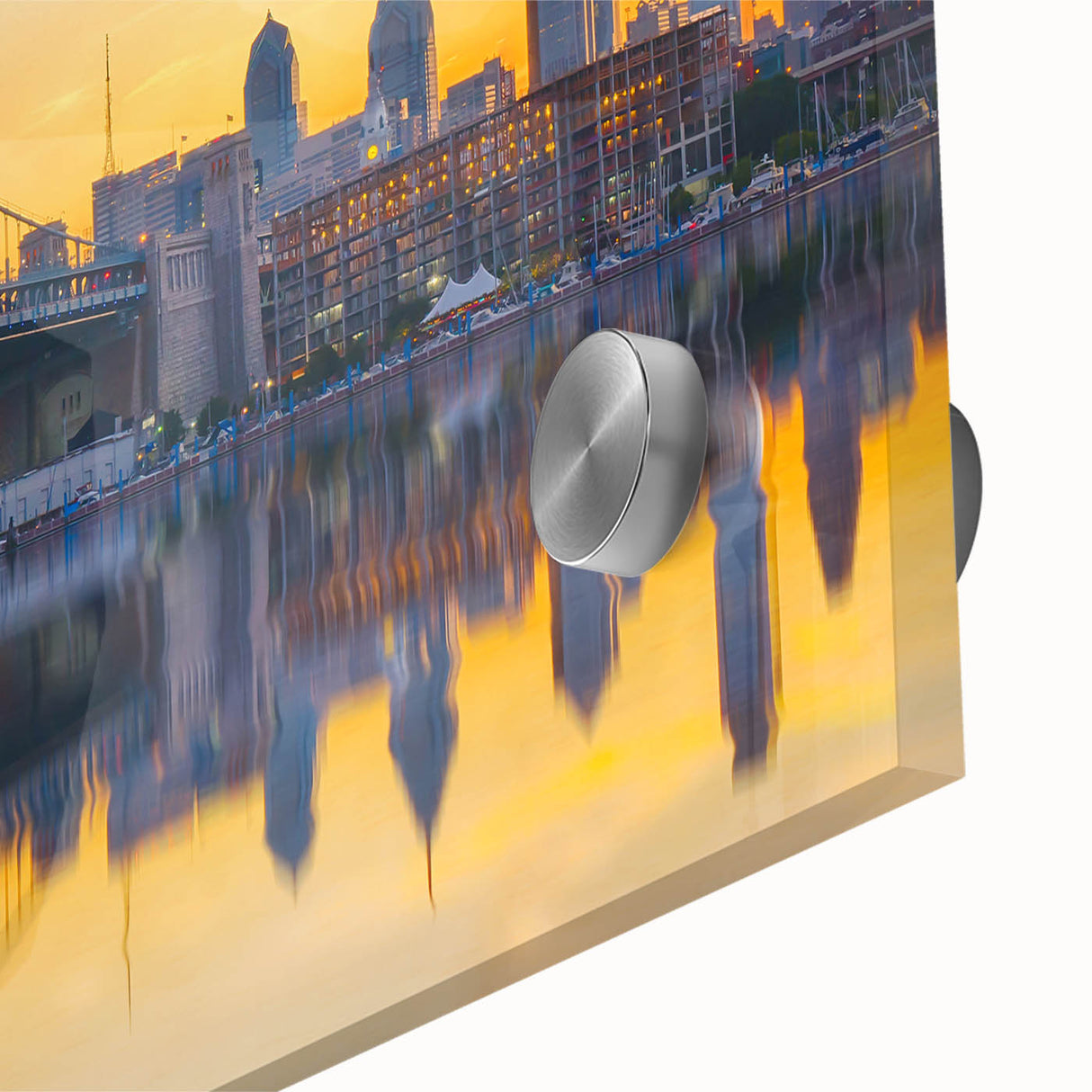 Large abstract wall art depicting the Philadelphia skyline in muted gray and blue tones on acrylic glass.