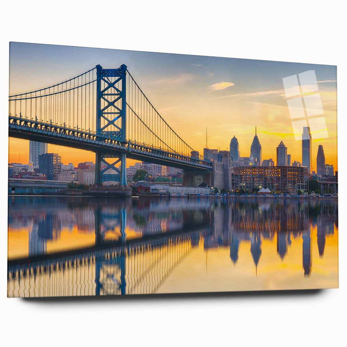 Acrylic print of a large abstract depiction of Philadelphia skyline in muted blue and gray tones.
