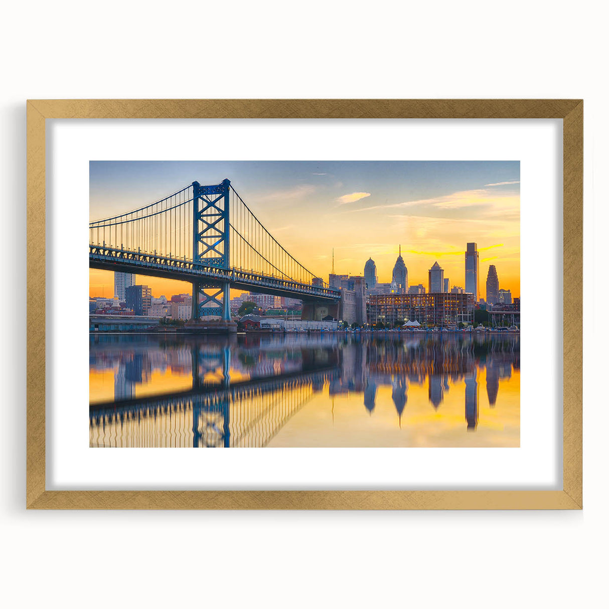 Extra large wall art featuring an abstract depiction of the Philadelphia skyline in textured gold and black tones.
