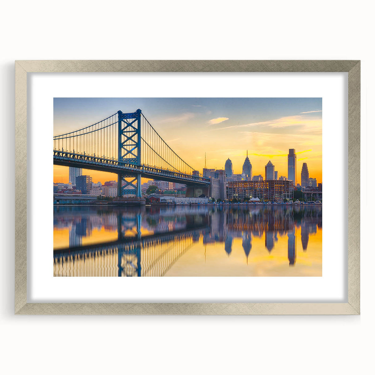 Textured abstract art print of Philadelphia skyline in muted gray tones on a framed silver mat.
