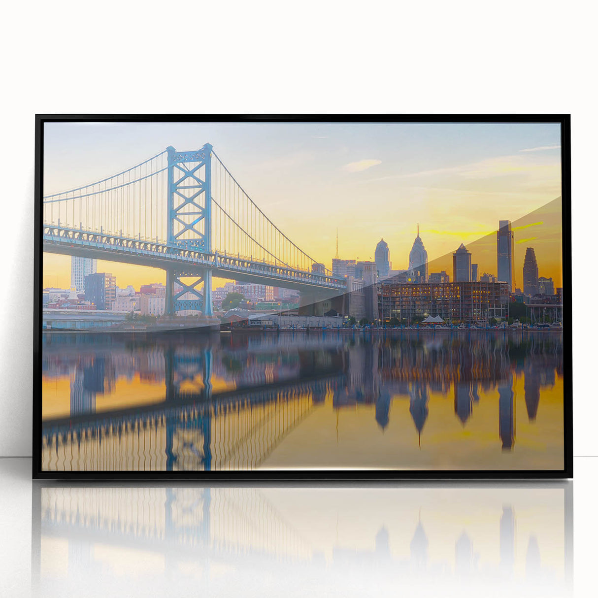 Large abstract wall art of Philadelphia skyline in muted earth tones on a framed acrylic, suitable for modern art wall decor.