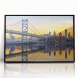 Large abstract wall art of Philadelphia skyline in muted earth tones on a framed acrylic, suitable for modern art wall decor.
