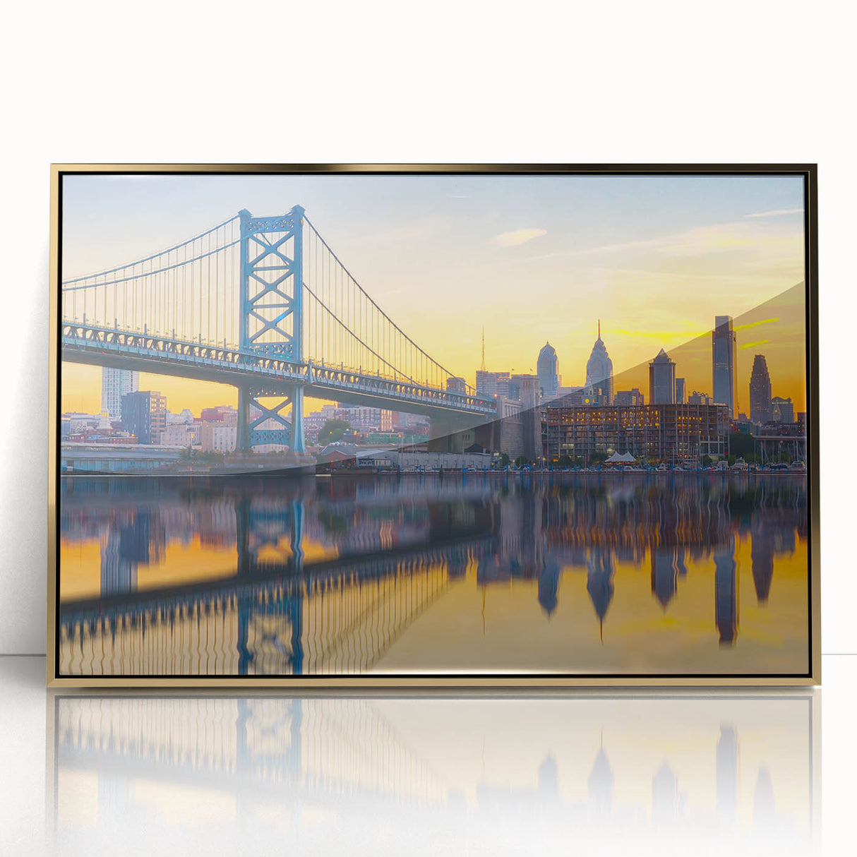 Mid-century modernist art depicting Philadelphia skyline in pastel colors on a framed acrylic print.