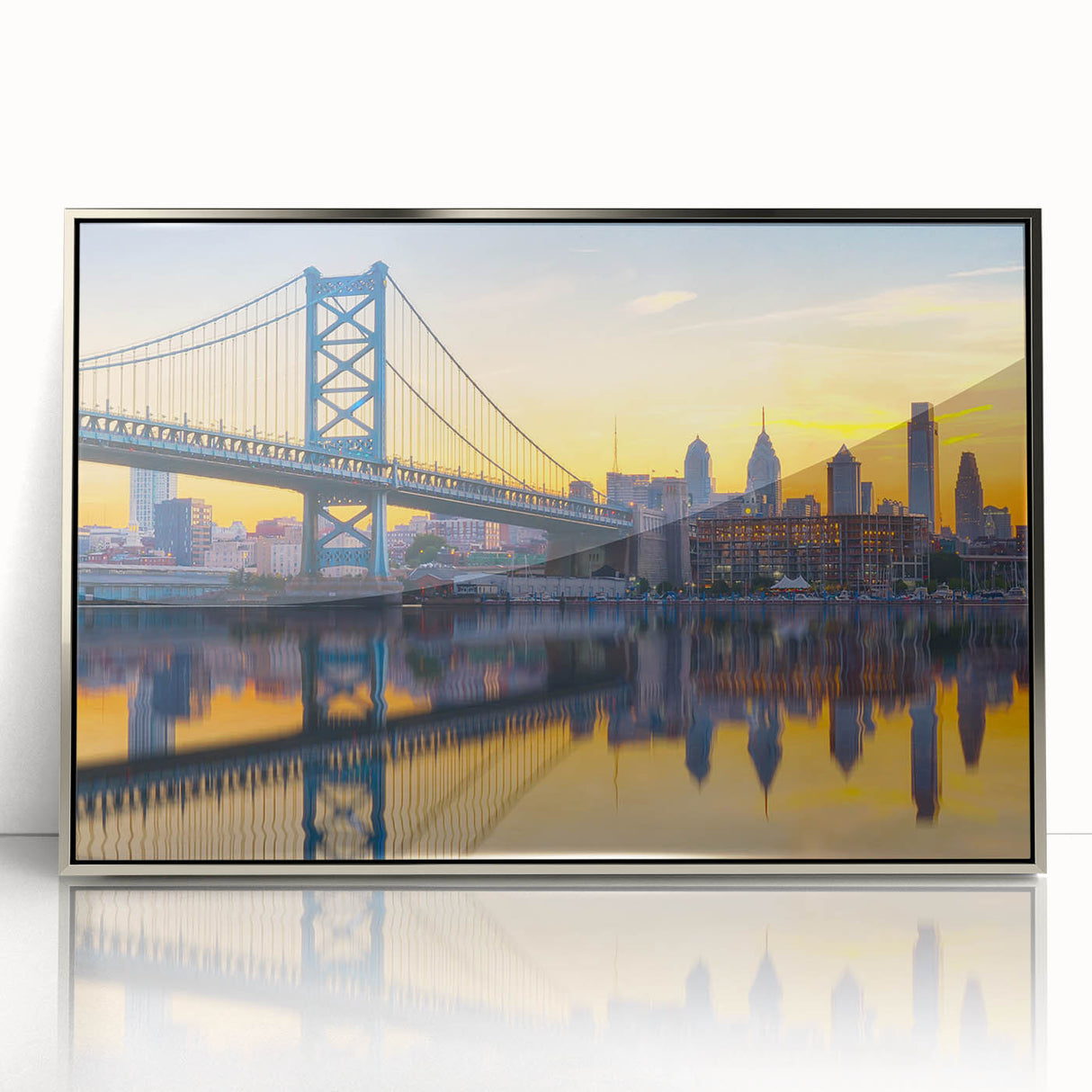Acrylic print of a simplified Philadelphia skyline in silver tones, suitable for modern nursery decor.